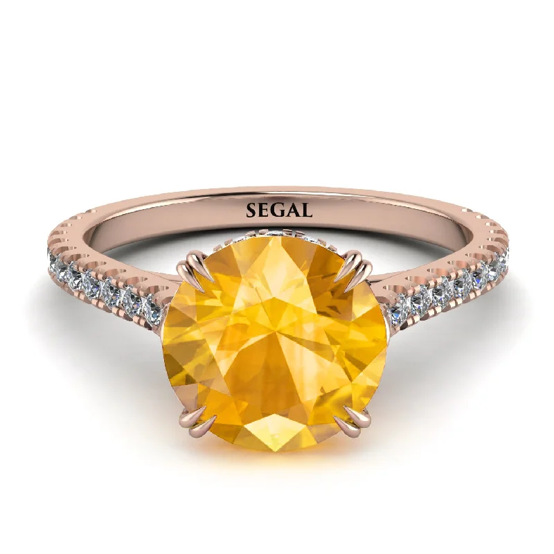 Designer Gold Ring for Engagement-Hidden Diamond Double Cat Claw Prongs Yellow Diamond Ring - Hazel No. 1002