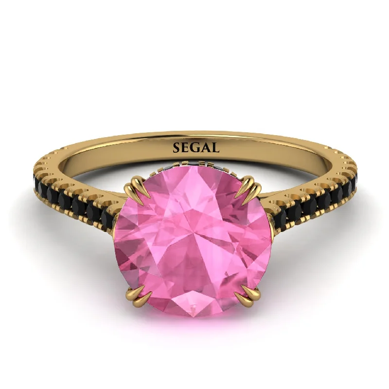 Gold Ring with Gemstones-Hidden Diamond Double Cat Claw Prongs Pink Moissanite Ring - Hazel No. 807