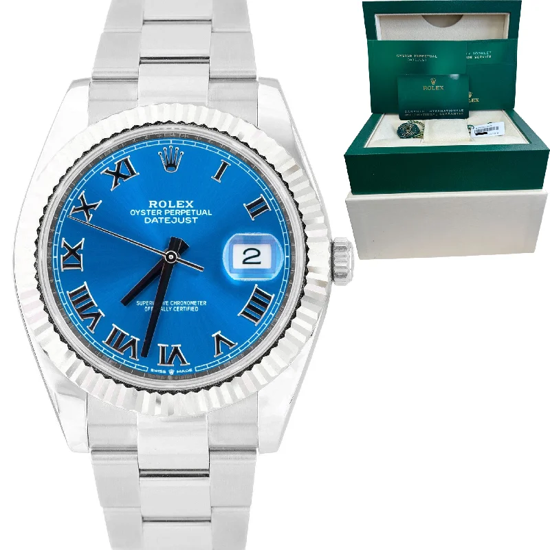 Luxury Watches with Skeleton Design-NEW JAN. 2023 Rolex DateJust 41 Azzurro Blue Roman Stainless Steel Oyster 126334