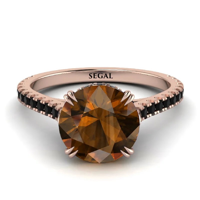 Rose Gold Engagement Ring with Diamonds-Hidden Diamond Double Cat Claw Prongs Brown Diamond Ring - Hazel No. 1108