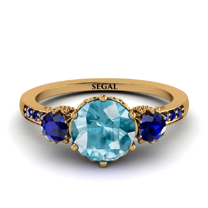 Designer Gold Ring for Engagement-Vintage 3 Stones Aquamarine Ring With Micro Pave - Luna No. 410