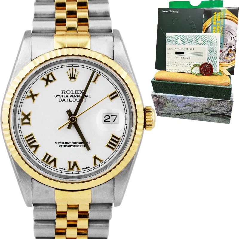 Water-Resistant Watches for Men and Women-Rolex DateJust 36mm 18K Yellow Gold Steel No-Holes Case White Watch 16233 PAPERS