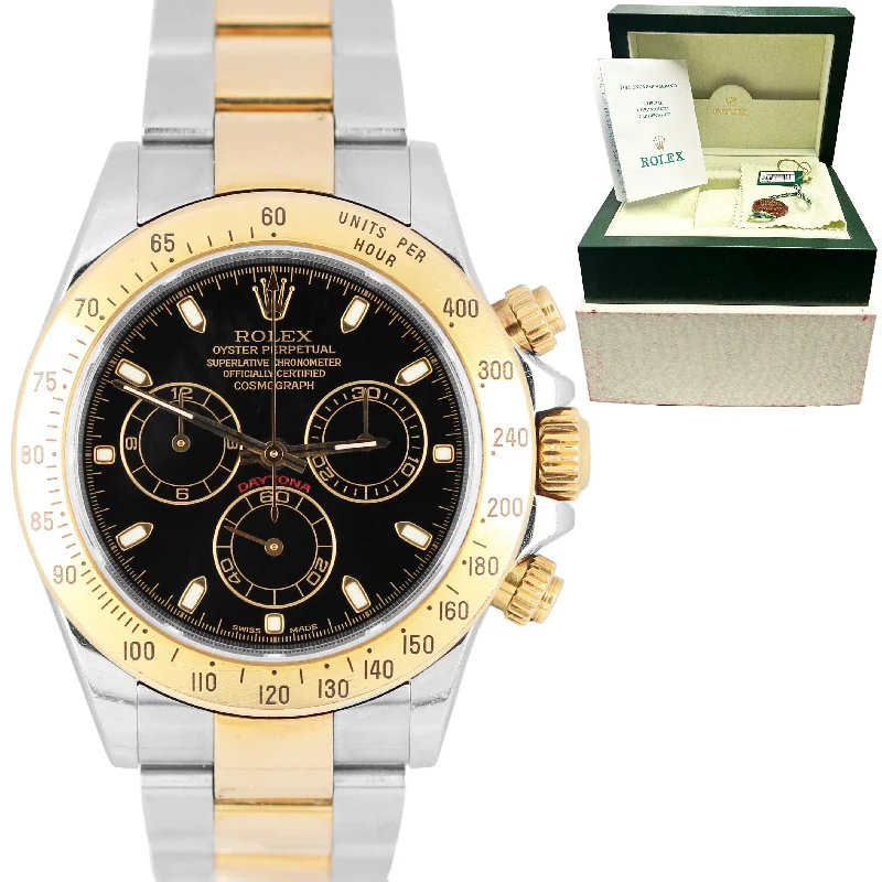 Luxury Designer Watches with Leather Bands-Rolex Daytona Two-Tone 18K Yellow Gold Stainless Black 40mm 116523 Watch B&P