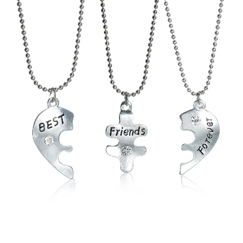 Sparkling Gold Necklace for Night Out-3 pc Necklace Ball Chain Broken Heart Message " Best Friends Forever " Pendant Clear Rhinestone