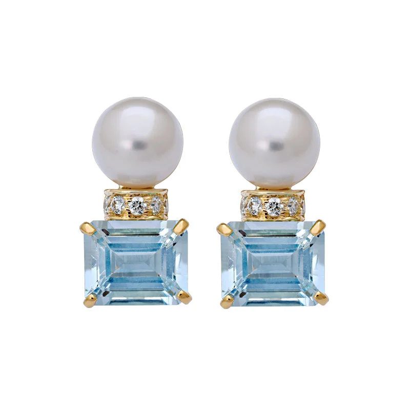 Simple Diamond Earrings-Earrings - South Sea Pearl, Aquamarine and Diamond in 18K Gold