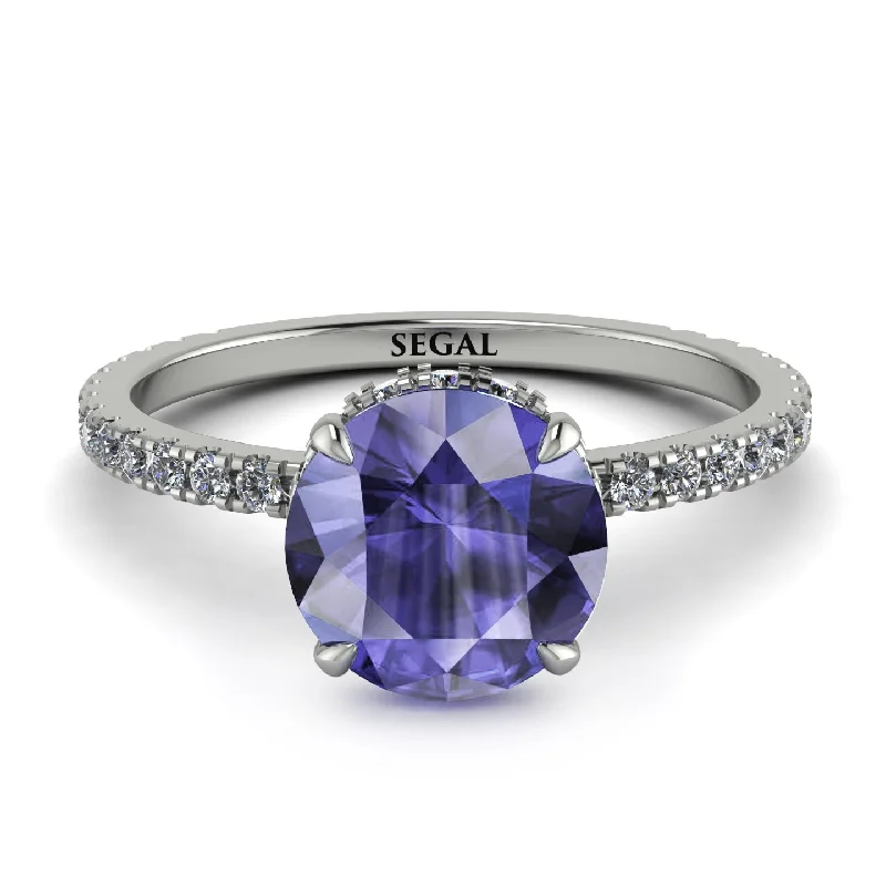 Simple Wedding Band for Women-Hidden Diamond Round Tanzanite Cat Claw Engagement Ring - Aurora No. 203