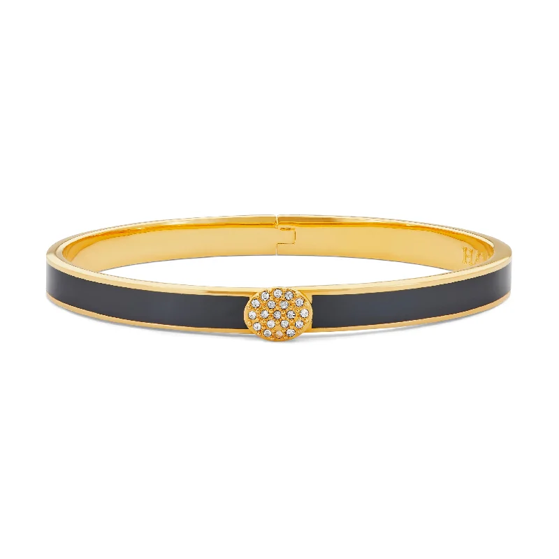 Colorful Bangles for Fashionable Women-Skinny Pave Button Black & Gold Bangle