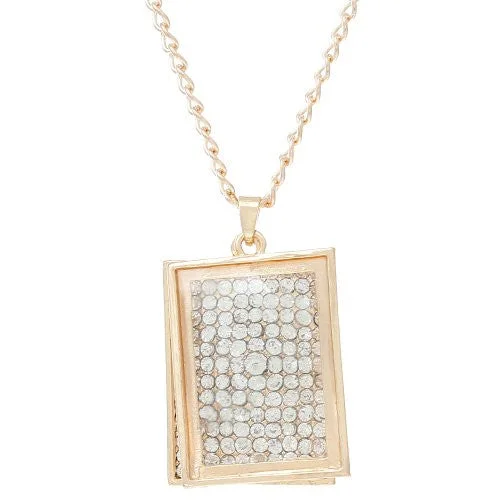 Crystal Necklace for Special Occasions-Curb Chain Necklace with Pendant Gold Tone Rectangle with Crystals and Lobster Clasp Extender