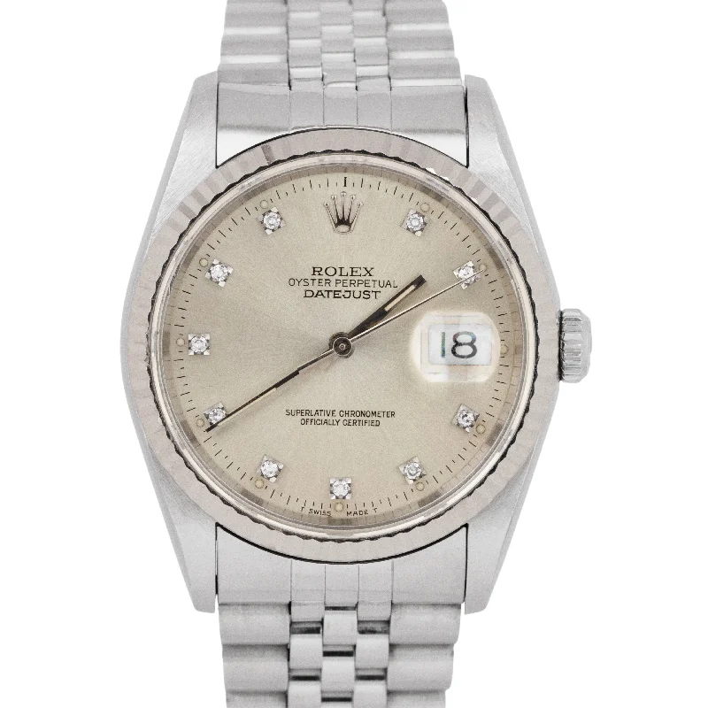 Fashion Watches with Oversized Faces-UNPOLISHED Rolex DateJust Silver Diamond Dial Stainless Steel 36mm Watch 16014