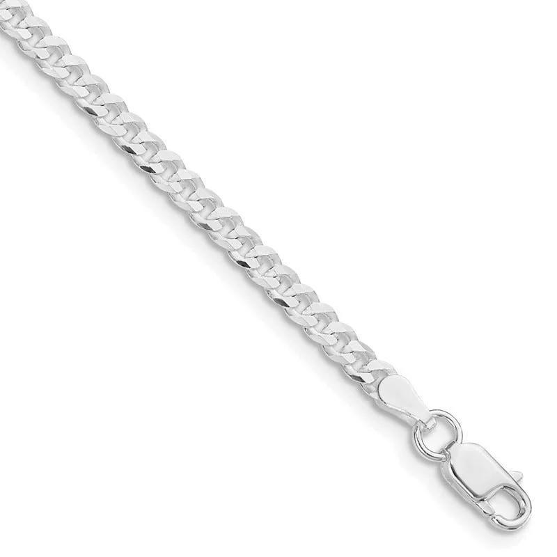 Personalized Men’s Leather Bracelet-Sterling Silver Rhodium-plated 3.15mm Flat Curb Chain Bracelet