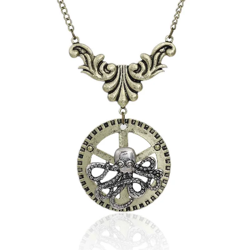 Artistic Gemstone Necklace-SEXY SPARKLES Steampunk Necklace Link Curb Chain Antique Bronze Gear Octopus