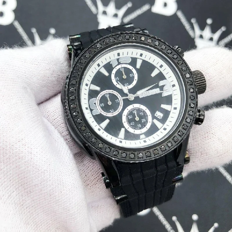 Eco-Friendly Solar Watches for Women-Chronograph Rubber Band 2.00 Carat Black Diamond Hip Hop Watch JoJino