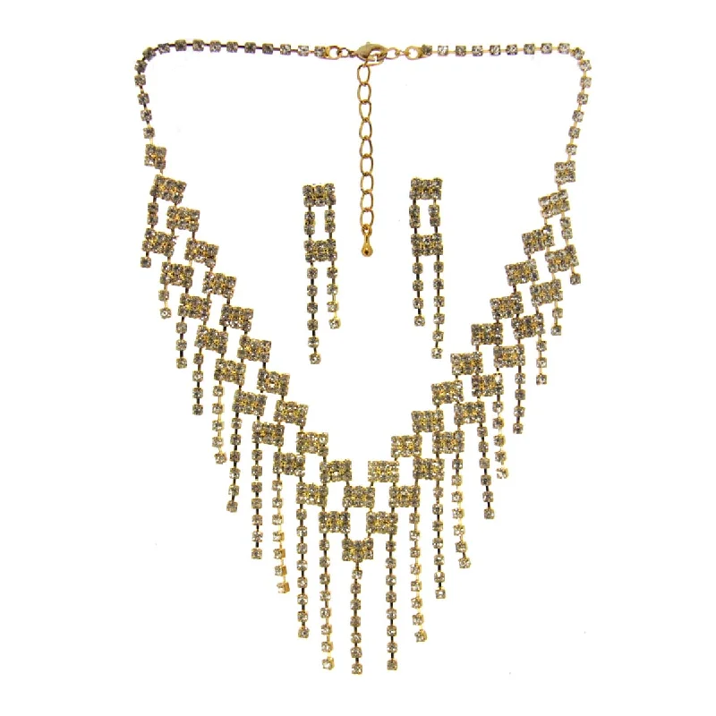 Long Chain Necklace for Layering-Rhinestone Necklace & Earrings Gold