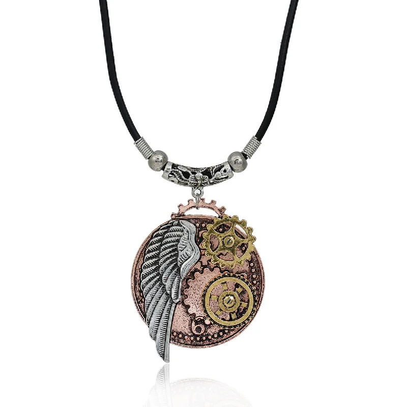 Sterling Silver Necklace with Pendant-SEXY SPARKLES steampunk necklaces Black Cord Chain Multicolor Round Wing Gear Pendant for women