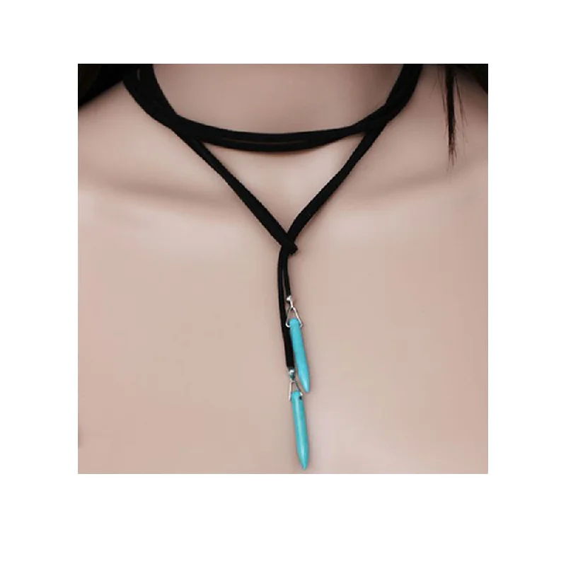 Layered Necklace for Fashion-Sexy Sparkles Velvet Black & Turquoise Choker Necklace for Women Girls Gothic Choker Bolo Tie Chokers