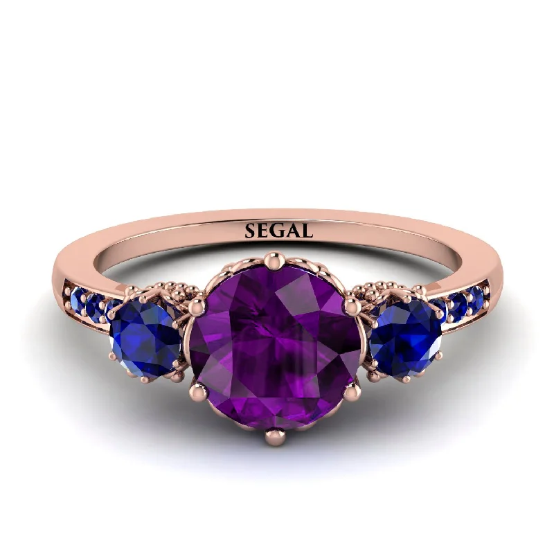 Classic Ruby Ring for Engagement-Vintage 3 Stones Amethyst Ring With Micro Pave - Luna No. 311