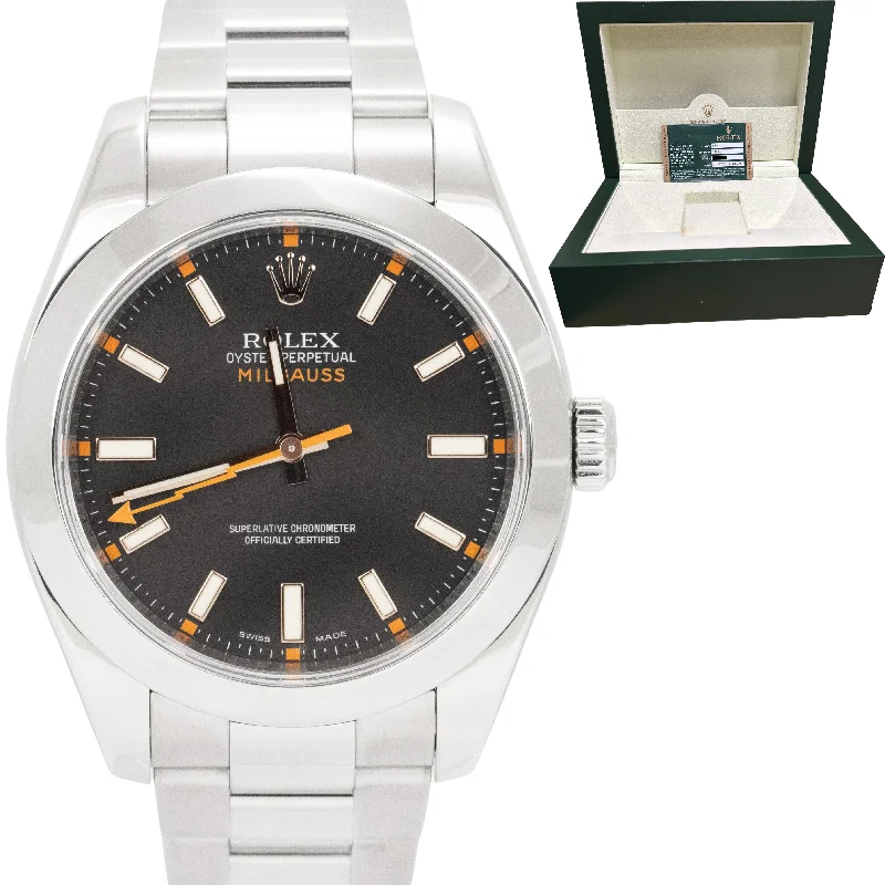 Men's Luxury Watches with Crystal Detailing-Rolex Milgauss 116400 Black Anti-Magnetic Oyster Stainless Steel 40mm Watch CARD