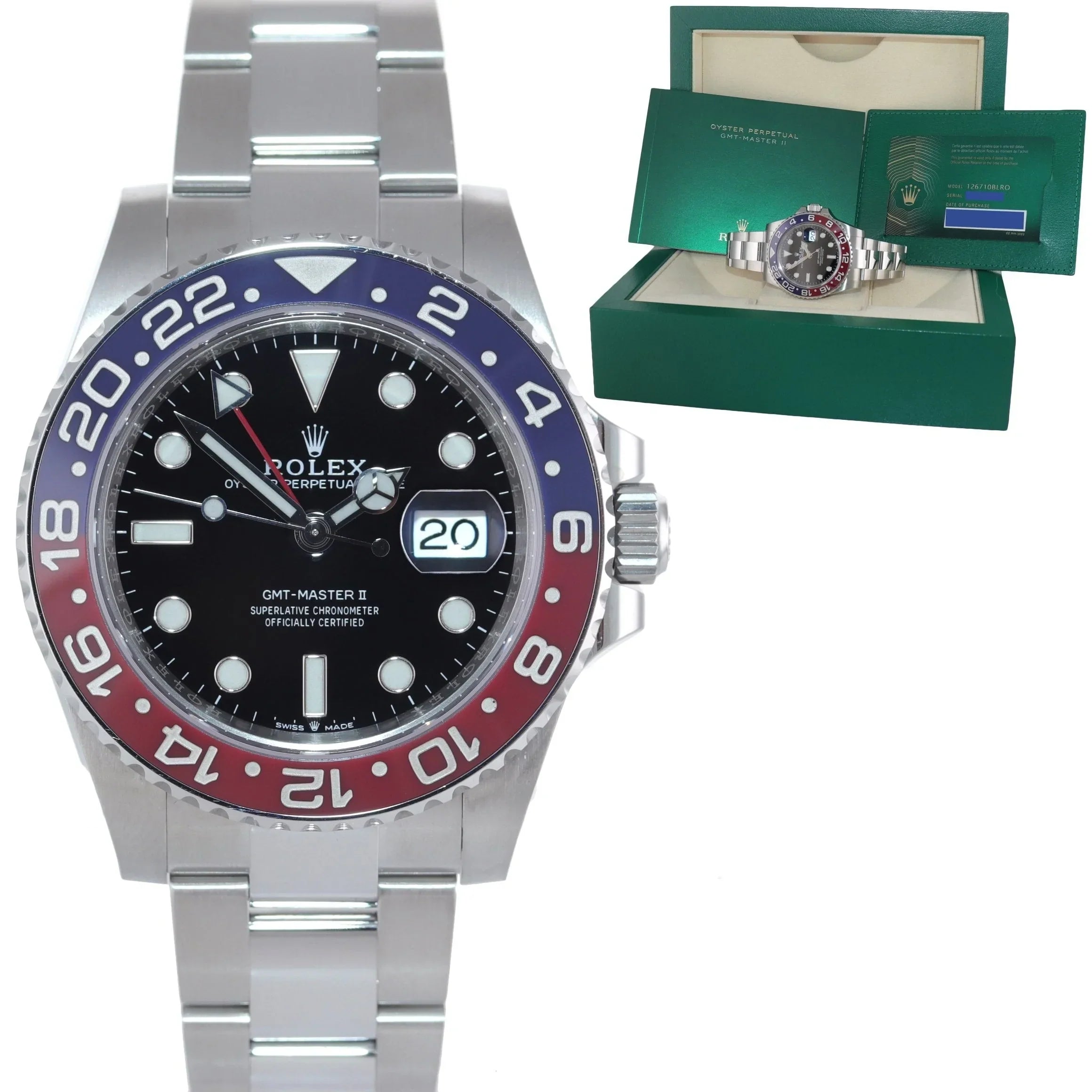 Men's Watches with Bold Watch Faces-NEW 2021 PAPERS Rolex 126710 BLRO GMT Master 2 II PEPSI Blue Ceramic Oyster Watch