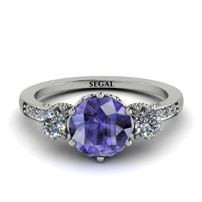 Rose Gold Engagement Ring-Vintage 3 Stones Tanzanite Ring With Micro Pave - Luna No. 203