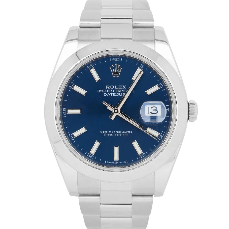 Designer Smart Watches with Fitness Features-Rolex DateJust 41 Blue Dial 41mm Smooth Stainless Steel Oyster Date Watch 126300