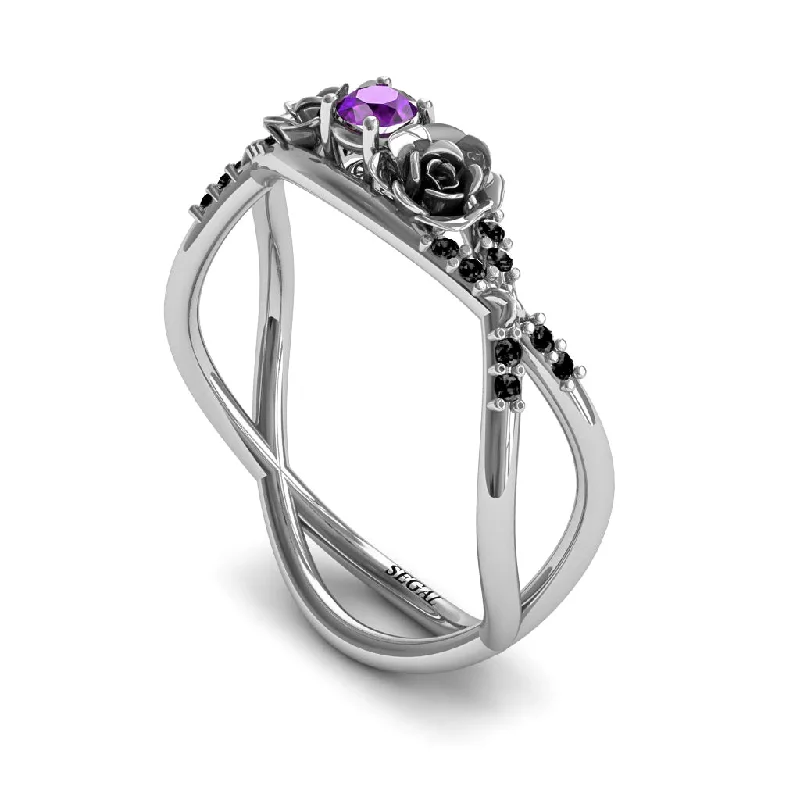 Fashionable Statement Ring for Women-Amethyst Rose Engagement ring 14K White Gold Thin Elegant Flower Ring with Black Damonds - Stella no. 300