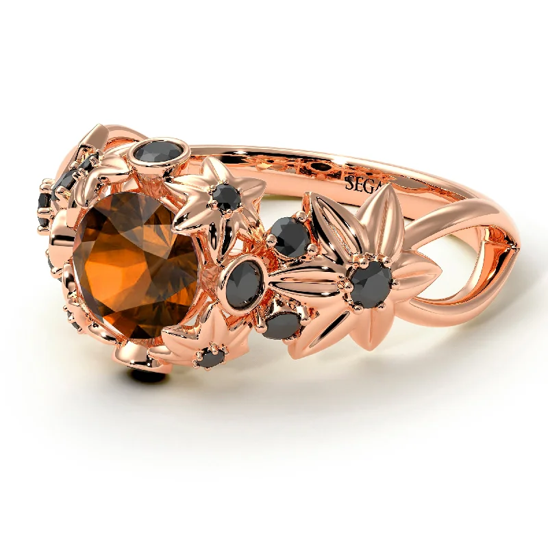 Trendy Gold Ring for Women-Flowers And Branches Brown Diamond Ring - Katherine no. 1105