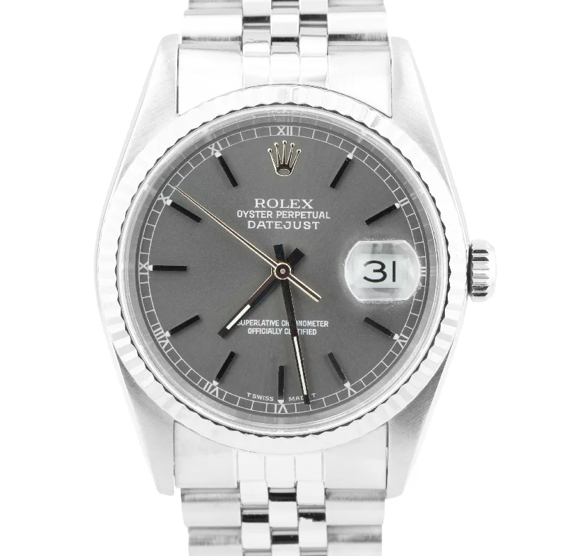 Smart Watches with Fitness Tracking and Notifications-Rolex DateJust 36mm Stainless Steel Fluted SLATE GRAY Jubilee Date Watch 16234