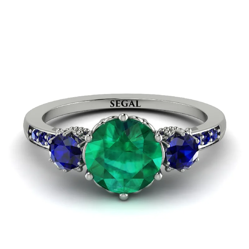 Vintage Diamond Ring for Women-Vintage 3 Stones Emerald Ring With Micro Pave - Luna No. 57