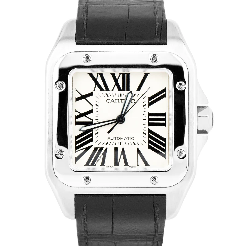 Automatic Watches for Men with Leather Strap-MINT Cartier Santos 100 XL 38mm Stainless Steel White Watch 2656 / W20073X8