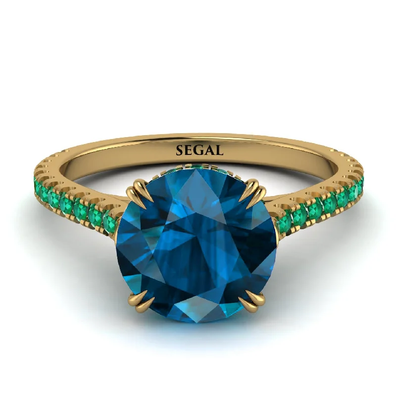 Luxury Ring for Anniversary Gifts-Hidden Diamond Double Cat Claw Prongs Blue Topaz Ring - Hazel No. 504