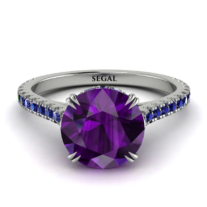 Personalized Ring with Custom Engraving-Hidden Diamond Double Cat Claw Prongs Amethyst Ring - Hazel No. 315