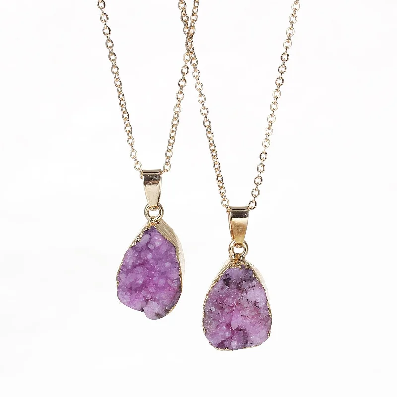 Handcrafted Gemstone Necklace for Gifts-SEXY SPARKLES Natural Stone Druzy Drusy Necklace Pendant Link Cable Chain Purple Drop