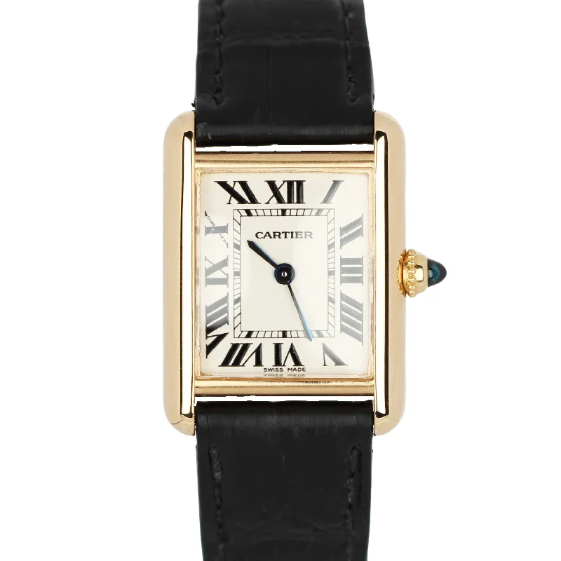 Fashionable Women's Watches for Gift Giving-Cartier Tank Louis 18k Yellow Gold White Dial Black Leather 21mmx28mm 2442 Watch