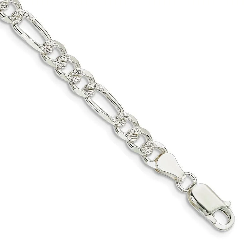 Chunky Gold Bracelets for Statement Look-Sterling Silver 5.5mm Pav‚ Flat Figaro Chain Bracelet