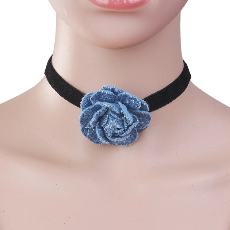 Classic Choker Necklace for Women-Sexy Sparkles New Style Black Choker Necklace with  Blue Flower