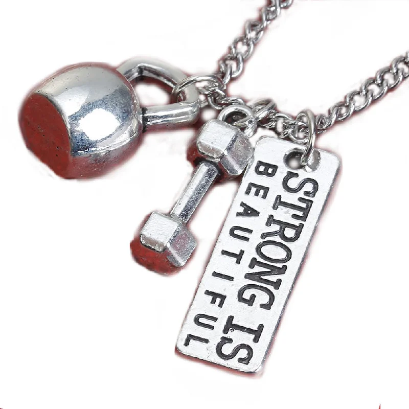 Beautiful Silver Necklace for Bridesmaids-Sexy Sparkles Strong Is Beautiful Fitness Dumbell kettlebell Necklace