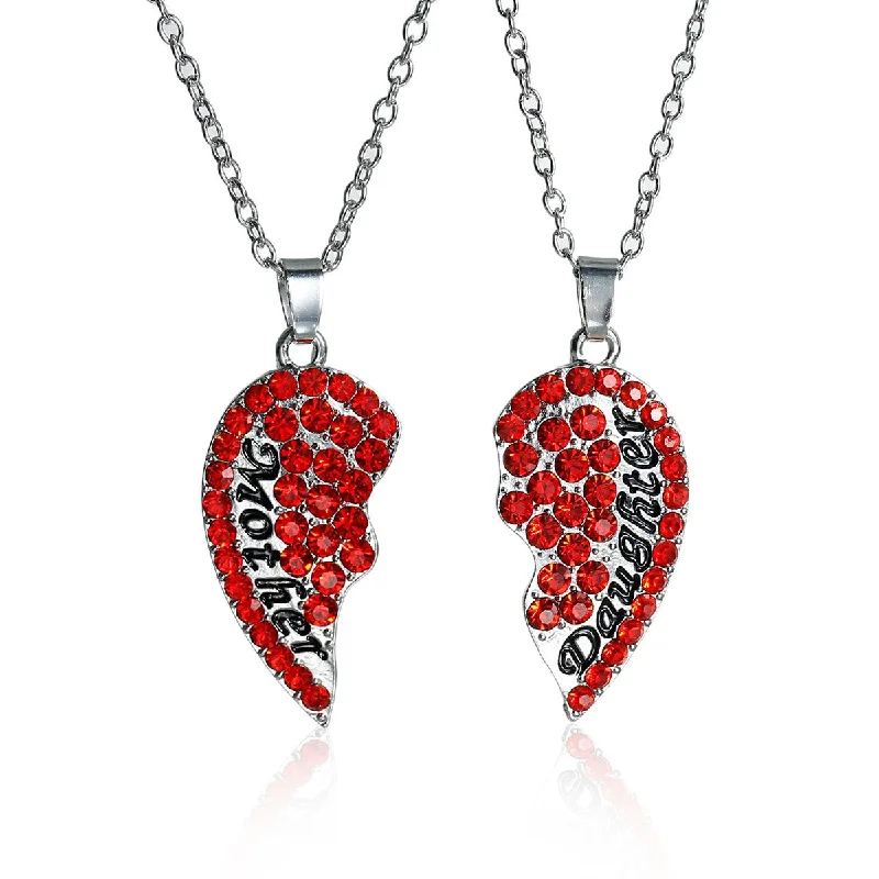 Simple Chain Necklace for Day-to-Day Look-Necklace Long Link Cable Chain Broken Heart Message " Mother & Daughter " Pendants Red Rhinestone