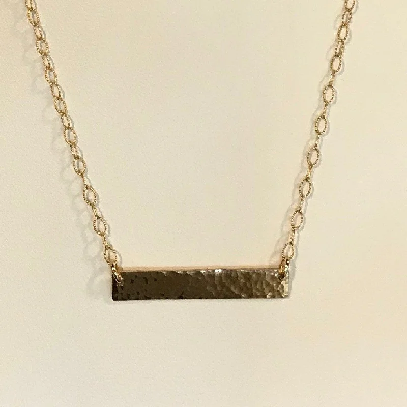 Heart Shaped Necklace for Girls-Side to Side Gold Hammered Bar Necklace