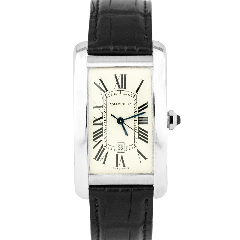 Classic Analog Watches for Women-Cartier Tank Americaine 18k White Gold 26X45mm White Dial Leather 1741 Watch