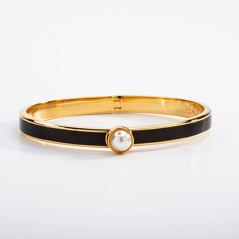 Custom Birthstone Bangles for Gifts-Skinny Cabochon Pearl Black & Gold Bangle