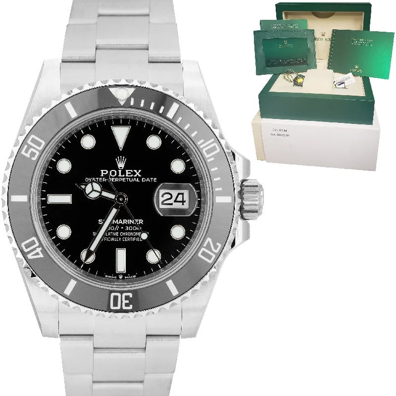 Classic Watches with Leather Strap for Women-NEW DEC 2022 Rolex Submariner 41mm Date Steel Black Ceramic Watch 126610 LN B+P