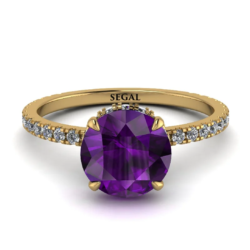 Custom Wedding Band for Couples-Hidden Diamond Round Amethyst Cat Claw Engagement Ring - Aurora No. 301