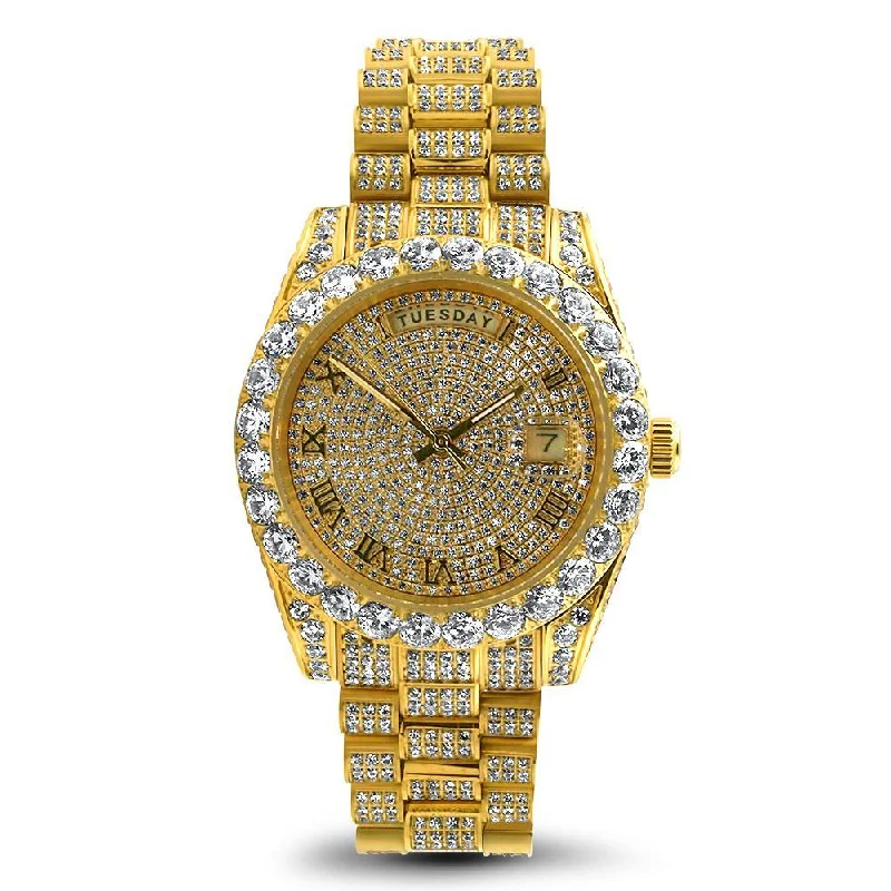 Women's Watches with Gold Plating for Fashion-Date+Day Full CZ Big Bezel Bling Bling Dress Watch