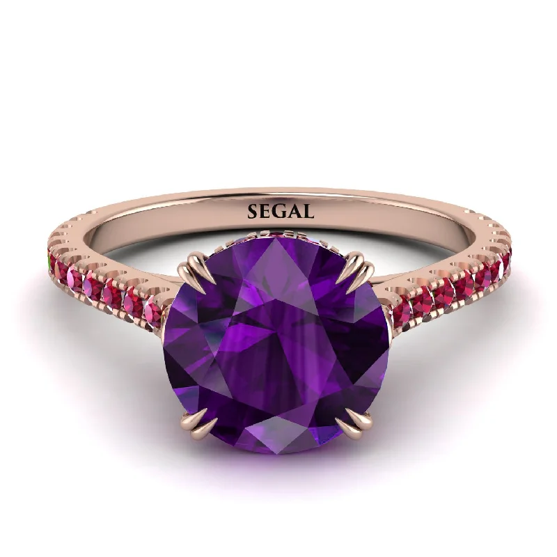 Designer Wedding Ring Set for Couples-Hidden Diamond Double Cat Claw Prongs Amethyst Ring - Hazel No. 311