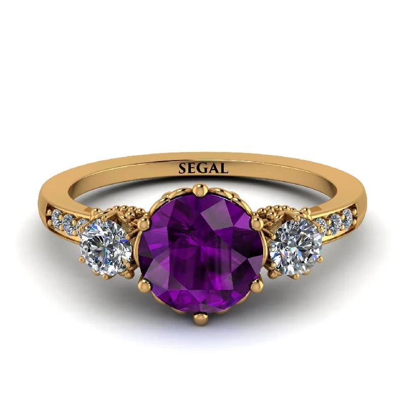 Custom Wedding Band with Initials-Vintage 3 Stones Amethyst Ring With Micro Pave - Luna No. 301