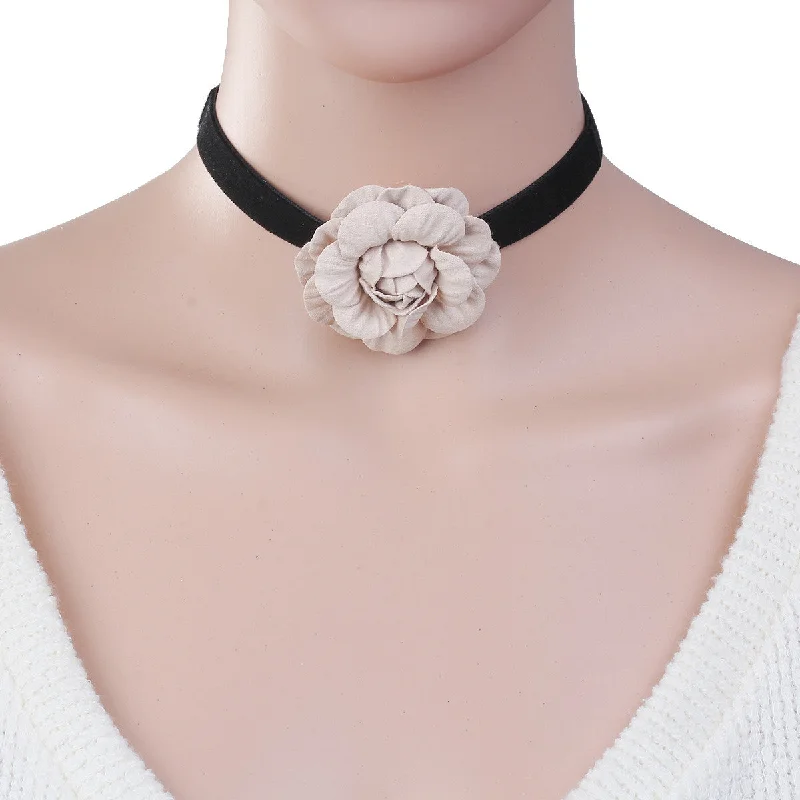 Gemstone Necklace for Evening Wear-Sexy Sparkles New Style Black Choker Necklace with Peachy Beige Flower