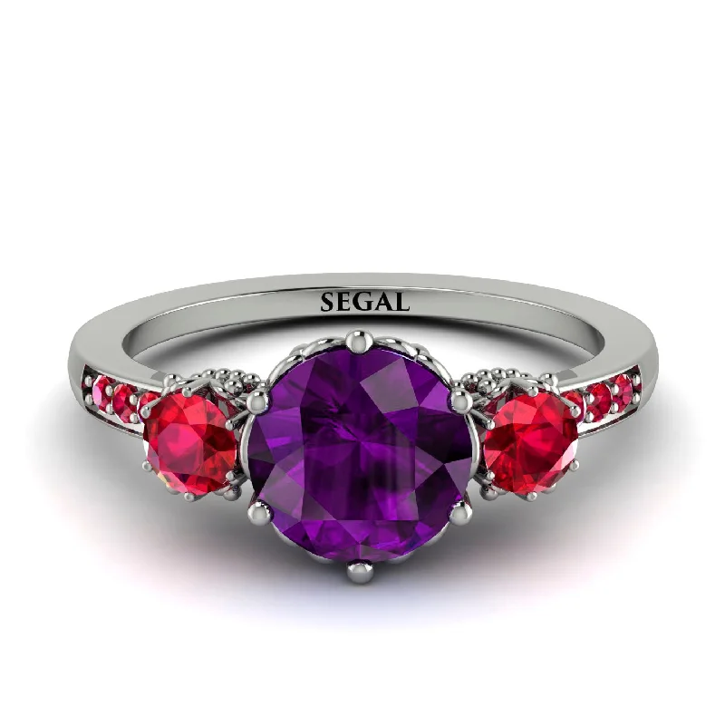 Trendy Gold Ring for Fashion-Vintage 3 Stones Amethyst Ring With Micro Pave - Luna No. 315