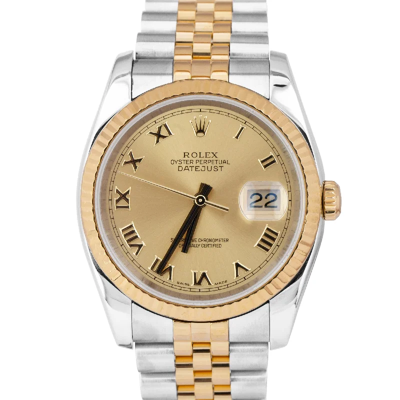 Classic Men's Watches with Roman Numerals-Rolex DateJust 36mm Champagne 18K Yellow Gold Two-Tone Jubilee Watch 116233