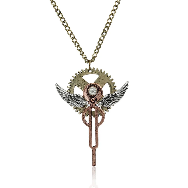 Personalized Jewelry Necklace-SEXY SPARKLES Steampunk Necklace Link Curb Chain Antique Bronze Angel Wing Gear Hollow Pendant With Clear Rhinestone