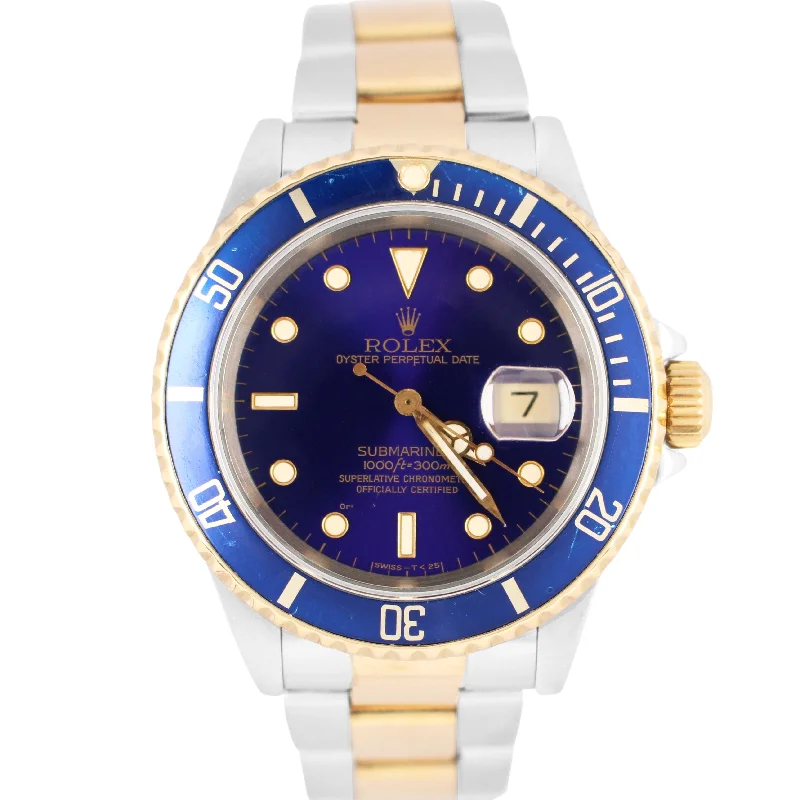 Automatic Watches with Sapphire Crystal-Rolex Submariner Two-Tone 18K Gold Stainless Purplish-Blue 40mm 16613 Watch